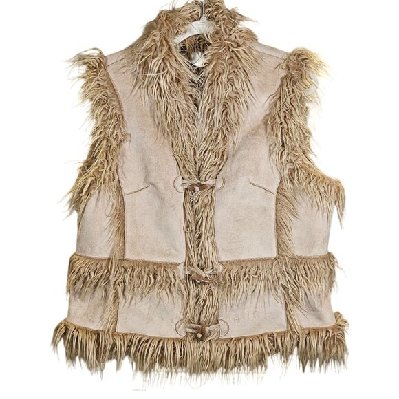 Vintage Boho Faux Fur Vest Women INC L Beige Shaggy 70s Festival Whimsygoth - Picture 2 of 12